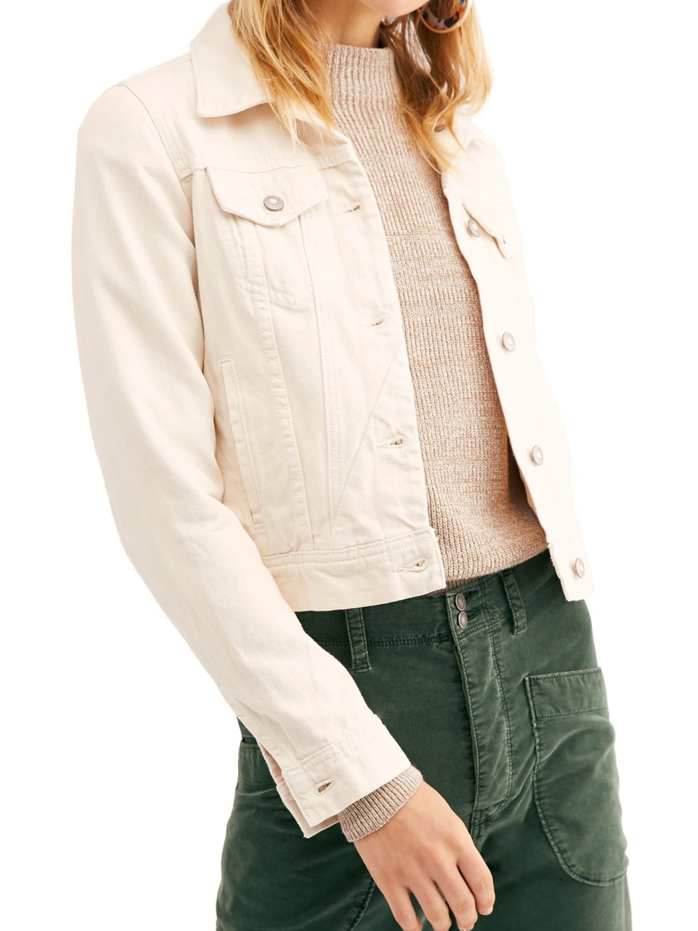 Free People Rumors Cream Denim Jacket Women’s Small Cotton Trucker Stretch